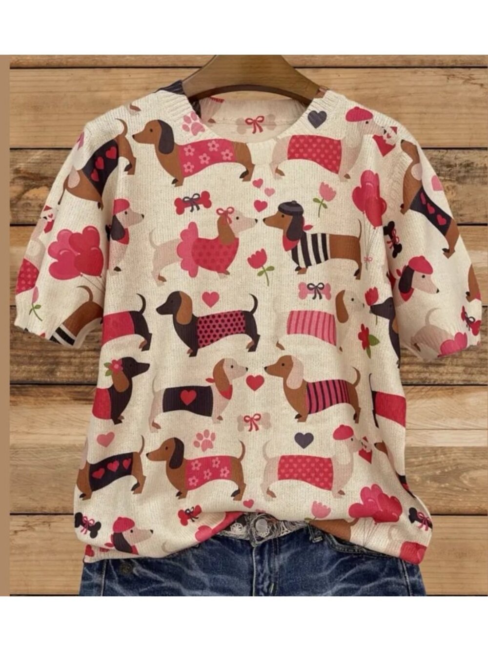 Women Sweater Dachshund Print Size M Beige Colorful Round Neck Short Sleeves